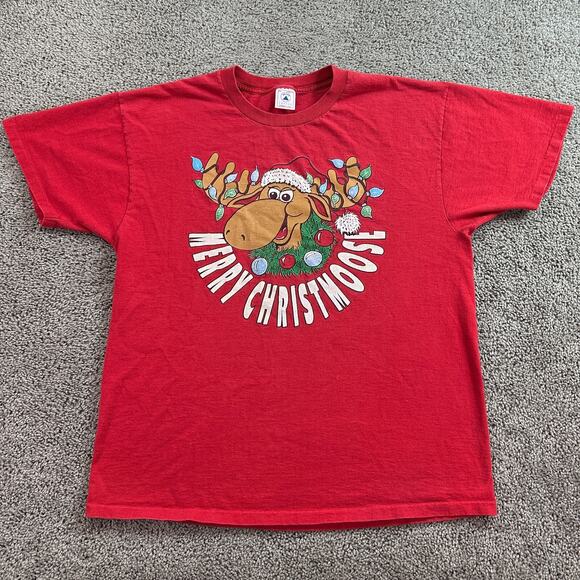 VINTAGE Merry Christmoose Shirt Mens XL Red Christmas Single Stitch 90s * - Picture 1 of 11